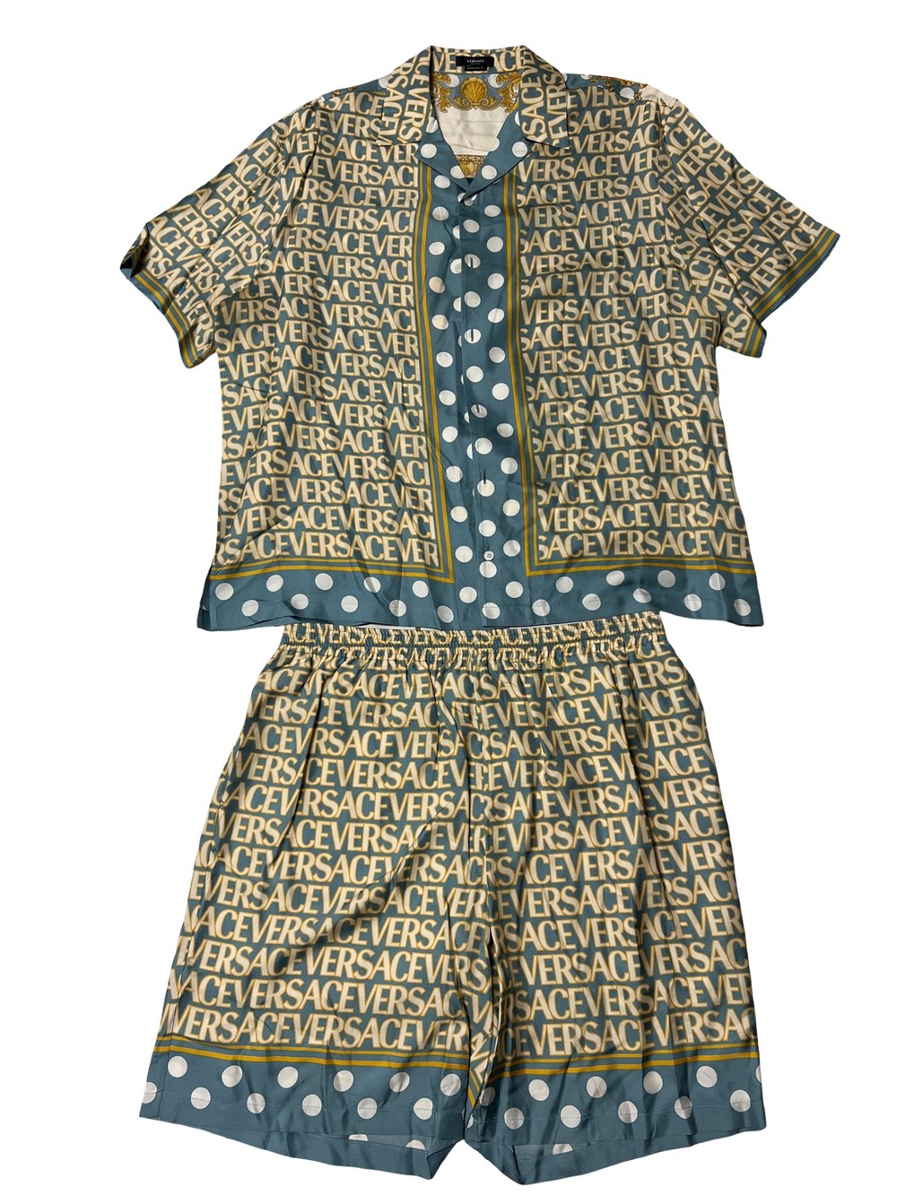 Versace Silk Shirt Shorts Set Blue Polka Dot Logo Print Medusa Mens 58/62 Italy